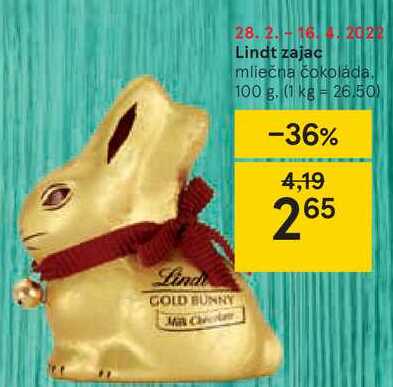 Lindt zajac mliečna čokolada, 100 g