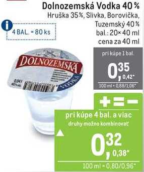 Dolnozemská Vodka 40% Hruška 35%, Slivka, Borovička, Tuzemský 40% 40ml