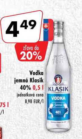 751 /1 zľava do 20% # Minde Vodka jemná Klasik 40% 0,5 KLASIK jednotková cena 8,98 EUR/1 VODKA 40% 