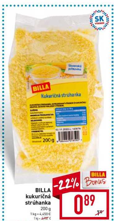 BILLA kukuričná strúhanka polovina 200 g