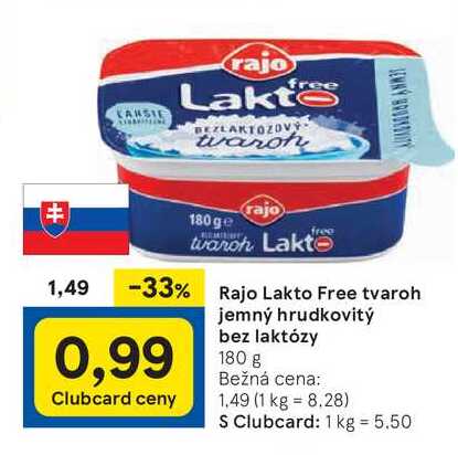 Rajo Lakto Free tvaroh jemný hrudkovitý bez laktózy, 180 g