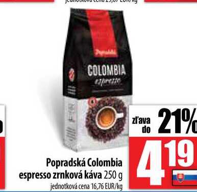 Popradská Colombia espresso zrnková káva 250 g
