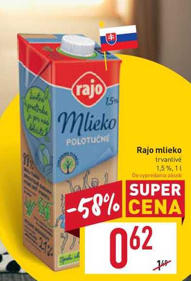 Rajo mlieko trvanlivé 1,5% 1 l v akcii