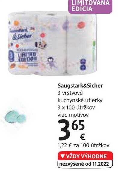 Saugstark&Sicher 3-vrstvové kuchynské utierky, 3x 100 útržkov 
