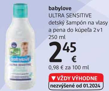 babylove ULTRA SENSITIVE detský šampón na vlasy a pena do kúpeľa 2v1, 250 ml