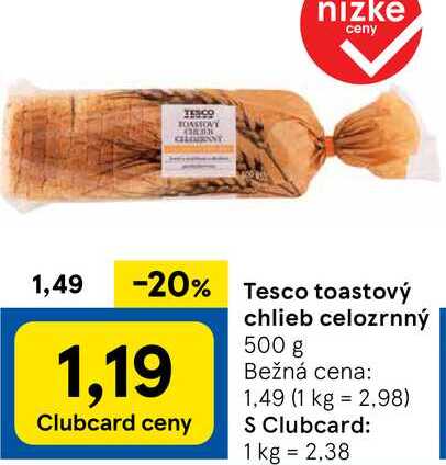 Tesco toastový chlieb celozrnný, 500 g