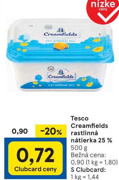 Tesco Creamfields rastlinná nátierka 25 %, 500 g