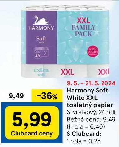 Harmony Soft White XXL toaletný papier, 24 rolí 