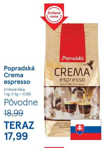 Popradská Crema espresso zrnková káva 1 kg 