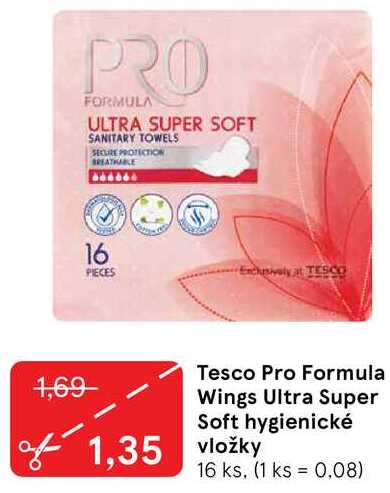 Tesco Pro Formula Wings Ultra Super Soft hygienické vložky, 16 ks