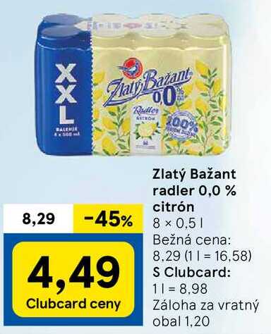 Zlatý Bažant radler 0,0 % citrón, 8x 0,5 l