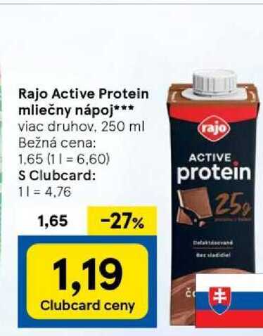 Rajo Active Protein mliečny nápoj viac druhov, 250 ml 