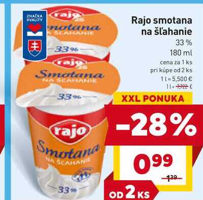 Rajo smotana na šľahanie 33% 180 ml 