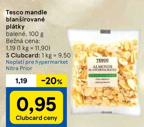 Tesco mandle blanšírované plátky, 100 g