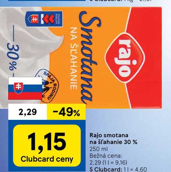 Rajo smotana na šľahanie 30 % 250 ml  v akcii