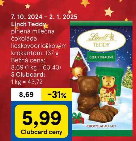 Lindt Teddy plnená mliečna čokoláda lieskovoorieškovým krokantom 137 g 