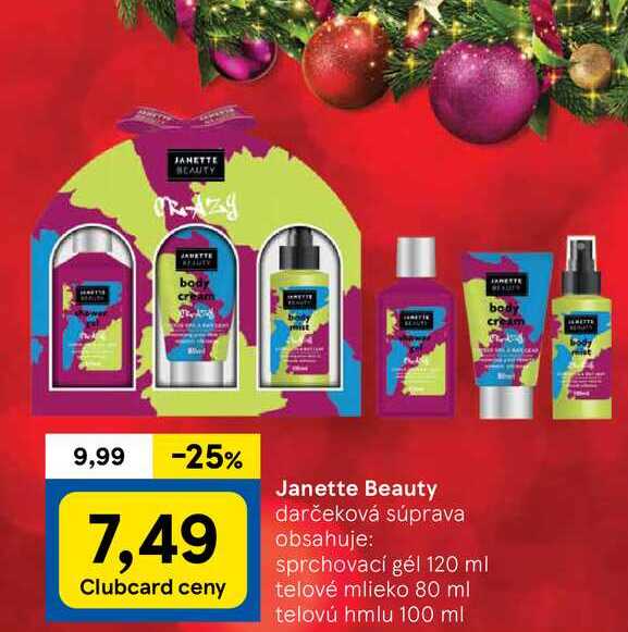 Janette Beauty darčeková súprava obsahuje: sprchovací gél 120 ml telové mlieko 80 ml telovú hmlu 100 ml body 