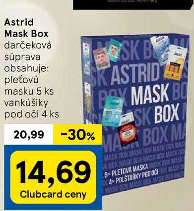 Astrid Mask Box darčeková súprava obsahuje: pleťovú masku 5 ks vankúšiky pod oči 4 ks 