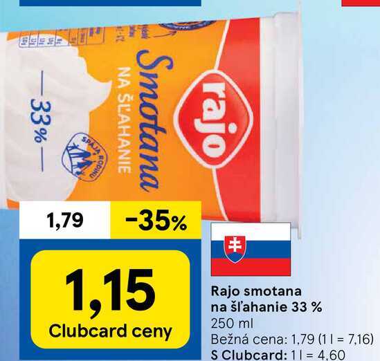 Rajo smotana na šľahanie 33 %, 250 ml 