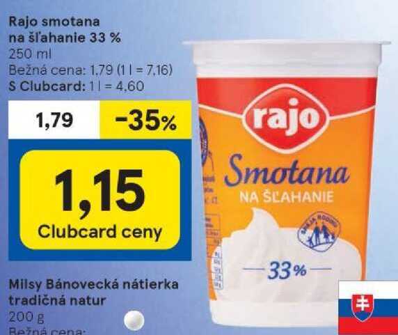 Rajo smotana na šľahanie 33%, 250 ml 