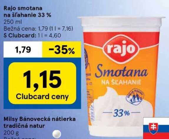 Rajo smotana na šľahanie 33%, 250 ml