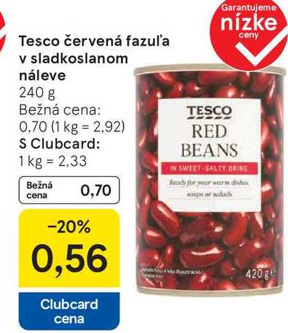 Tesco červená fazuľa v sladkoslanom náleve, 240 g