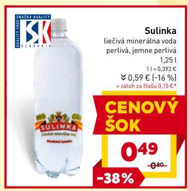 Sulinka liečivá minerálna voda perlivá, jemne perlivá 1,25l