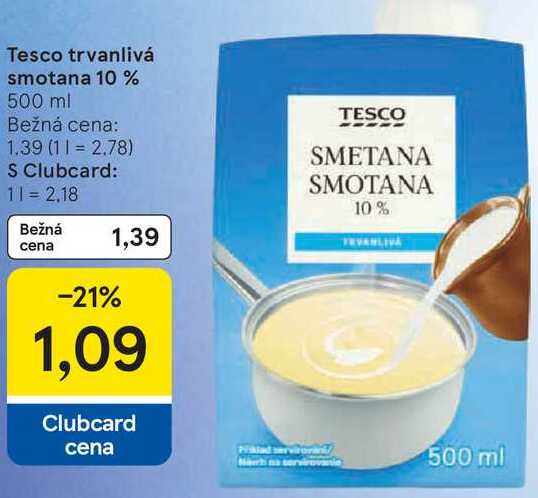 Tesco trvanlivá smotana 10 %, 500 ml  v akcii