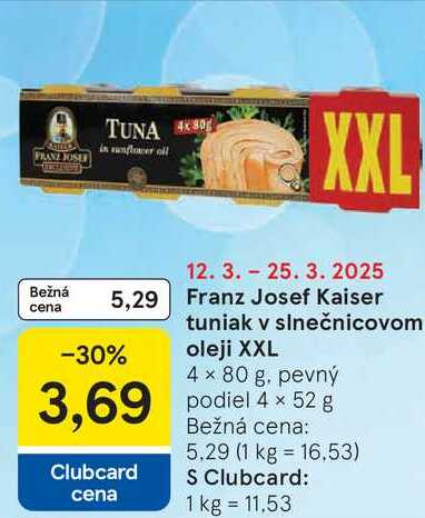 Franz Josef Kaiser tuniak v slnečnicovom oleji XXL, 4x 80 g