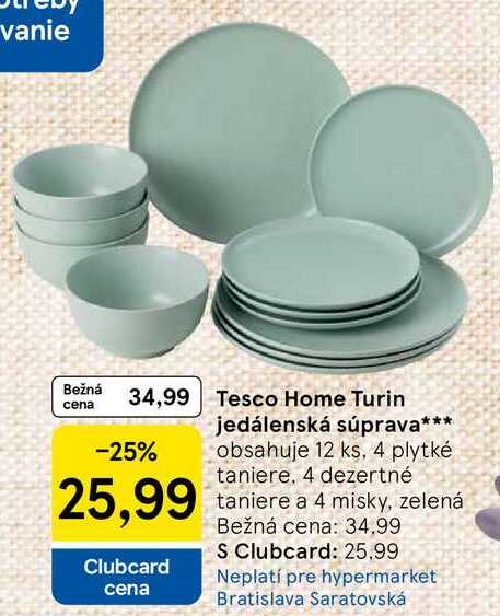 Tesco Home Turin jedálenská súprava obsahuje 12 ks, 4 plytké taniere,, 4 dezertné taniere a 4 misky, zelená