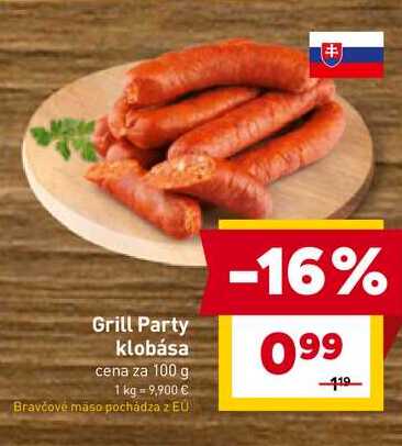 Grill Party klobása cena za 100 g