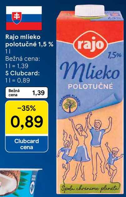 Rajo mlieko polotučné 1,5 %, 1 l