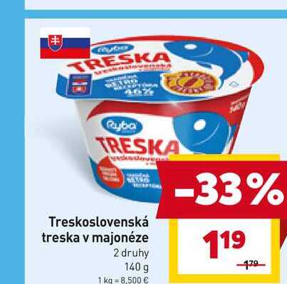 Treskoslovenská treska v majonéze 2 druhy 140 g 