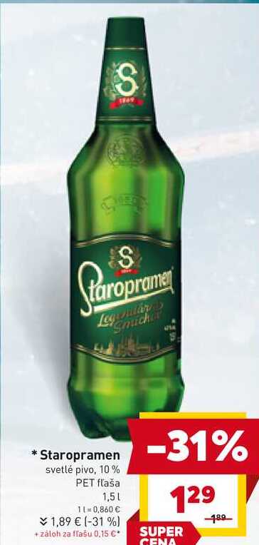 Staropramen svetlé pivo, 10% PET fľaša 1,5l