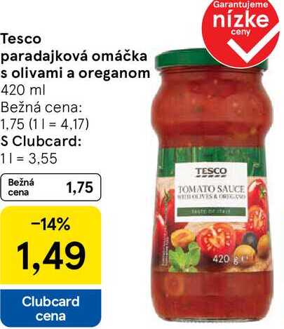 Tesco paradajková omáčka s olivami a oreganom, 420 ml 