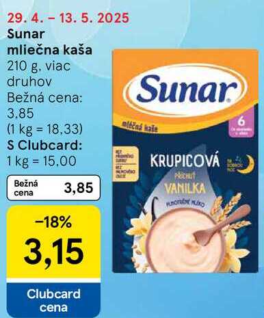Sunar mliečna kaša, 210 g