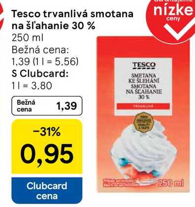 Tesco trvanlivá smotana na šľahanie 30 %, 250 ml 