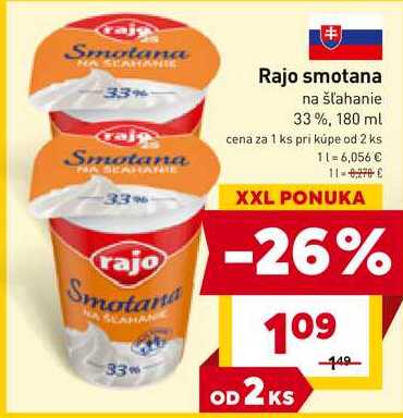Rajo smotana na šľahanie 33%, 180 ml 