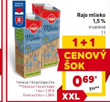 Rajo mlieko 1,5% trvanlivé 1L