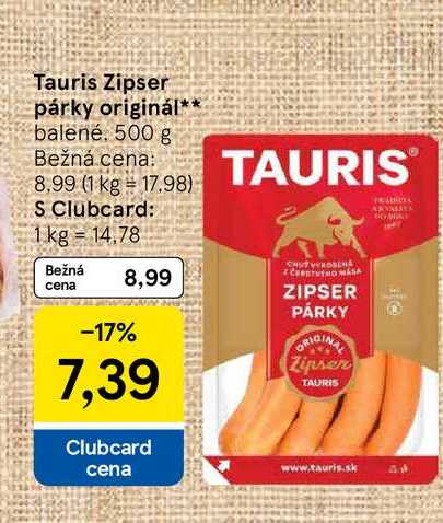 Tauris Zipser párky originál balené 500 g 