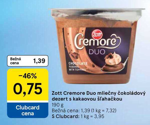 Zott Cremore Duo mliečny čokoládový dezert s kakaovou šľahačkou 190 g