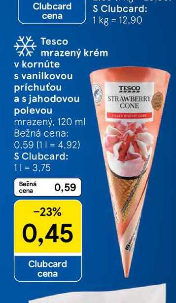 Tesco mrazený krém v kornúte s vanilkovou príchuťou a s jahodovou polevou mrazený, 120 ml 