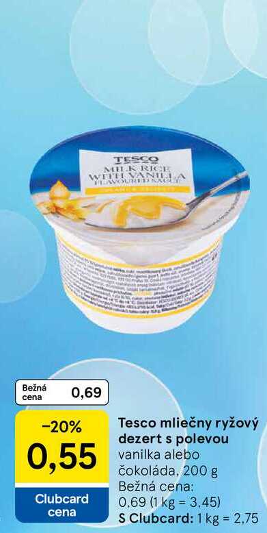 Tesco mliečny ryžový dezert s polevou vanilka alebo čokoláda, 200 g 