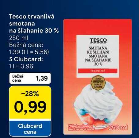 Tesco trvanlivá smotana na šľahanie 30 % 250 ml 