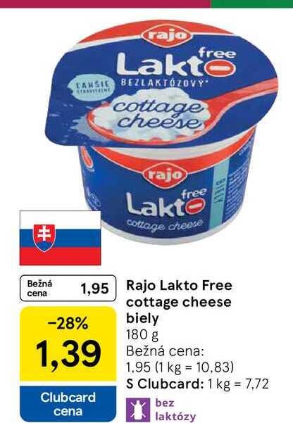 Rajo Lakto Free cena cottage cheese biely 180 g