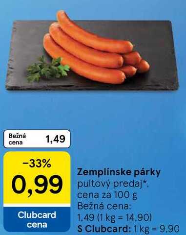 Zemplínske párky, cena za 100 g 