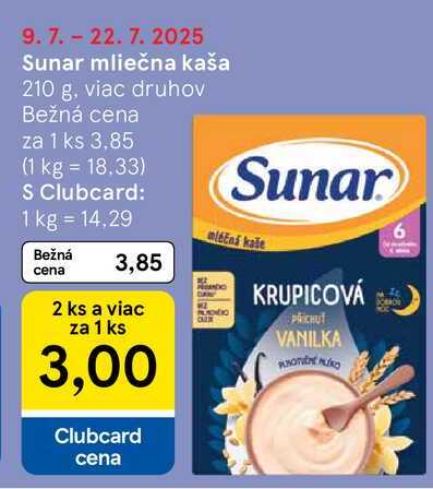 Sunar mliečna kaša, 210 g