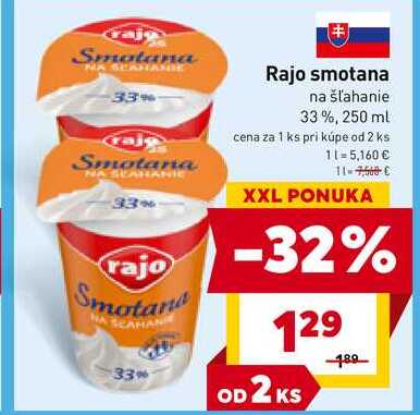 Rajo smotana na šľahanie 33%, 250 ml 