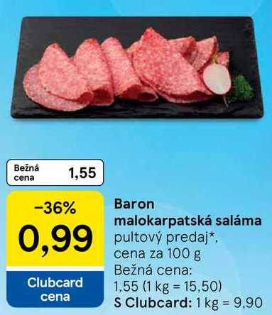 Baron malokarpatská saláma, cena za 100 g