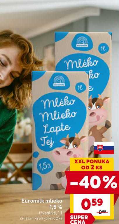 Euromilk mlieko 1,5% trvanlivé, 1l